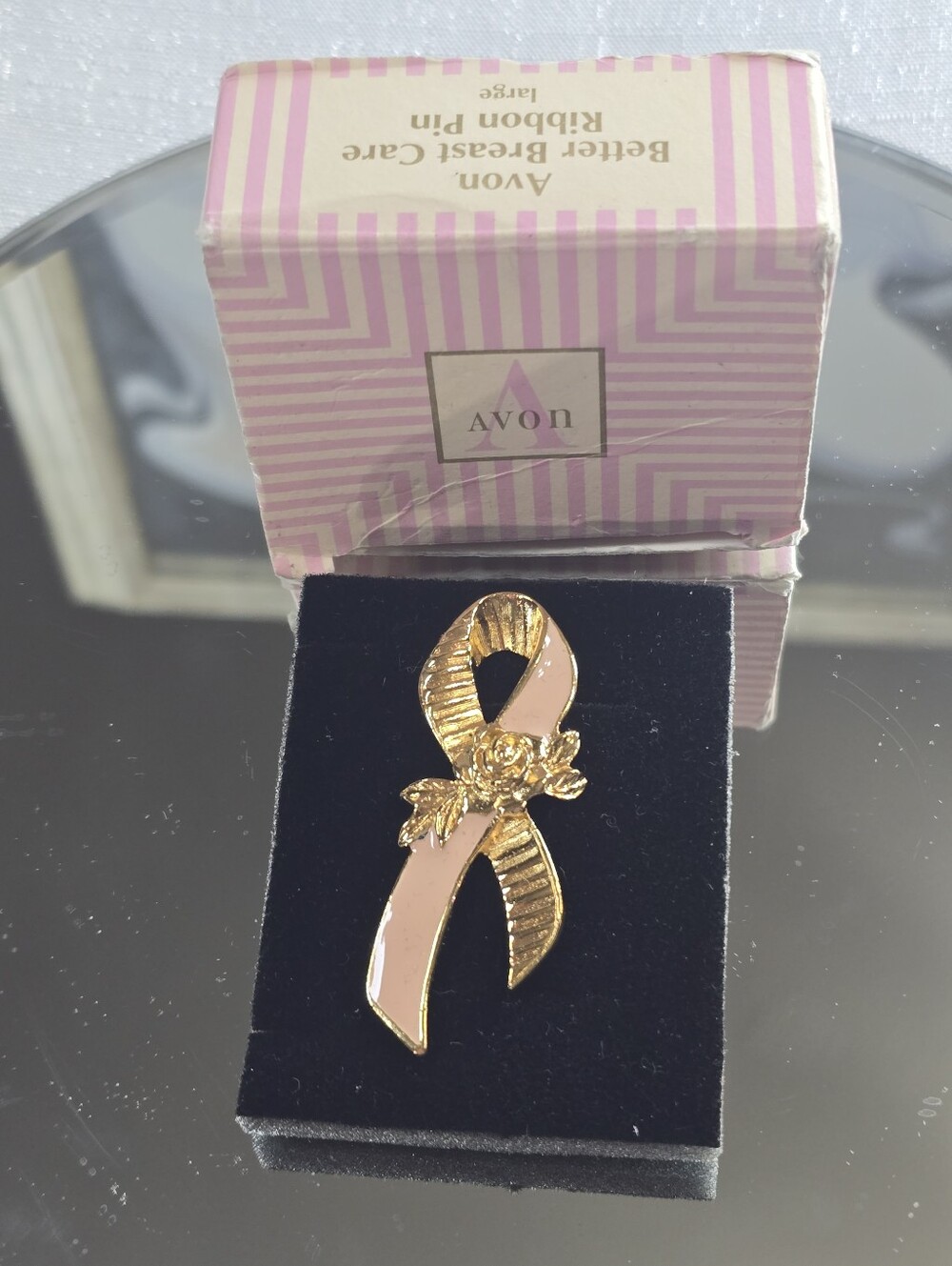 Vintage 1994 Avon Better Breast Care Pink and Gold Ribbon Pin with Floral Accent